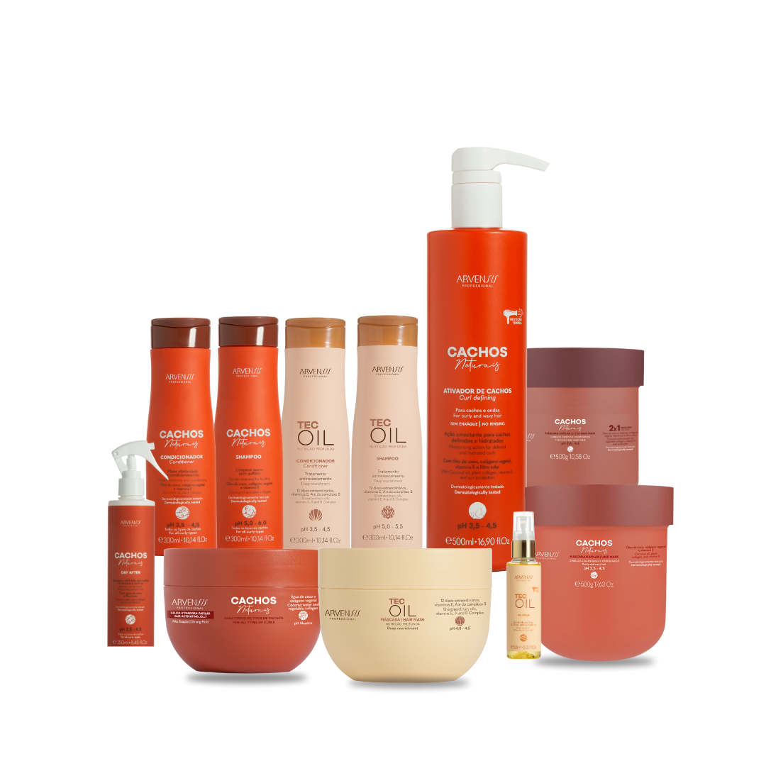 Kit GRANDE Tec Oil + Cachos Naturais - Cabelos Cacheados e Ondulados (GRÁTIS Geleia ALTA FIXAÇÃO + Pente)